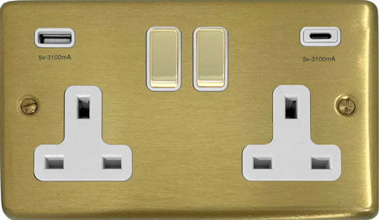Contour Satin Brass 2 Gang Socket C/W USBC Ports