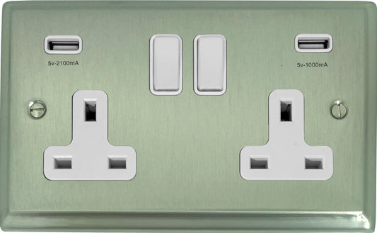 Deco Satin Nickel 2 Gang Socket C/W Usb