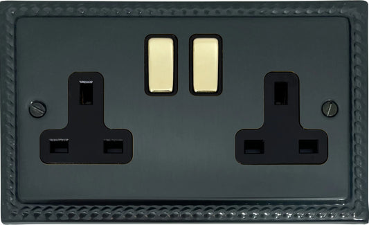 Georgian Black Bronze 2 Gang Socket (Polished Brass Switches) - Georgian range electrical socket