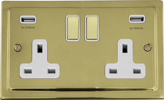 Victorian Unlacquered Brass 2 Gang Socket C/W Usb Port (White Insert) - Victorian Cast range electrical socket