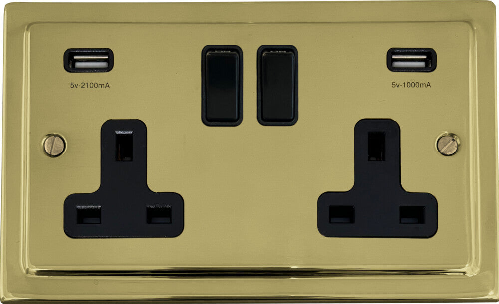 Victorian  Polished Brass  2 Gang Socket with USB