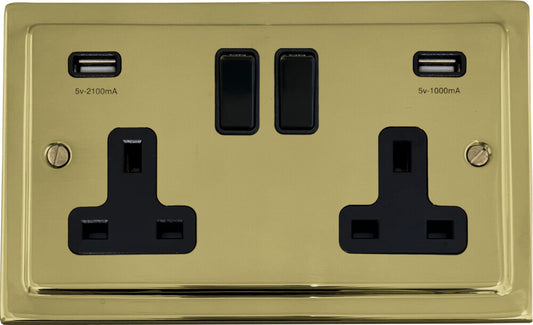 Victorian  Polished Brass  2 Gang Socket with USB