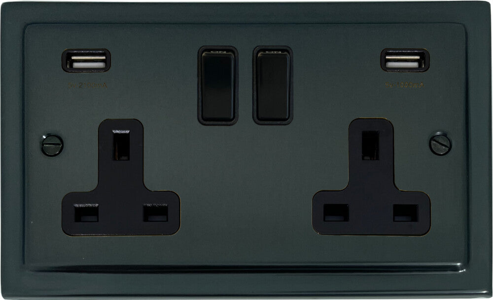 Victorian  Black Bronze  2 Gang Socket with USB