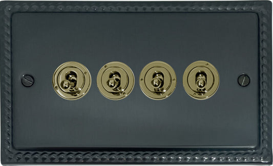Georgian Black Bronze 4 Gang Toggle Switch (Polished Brass Toggles)