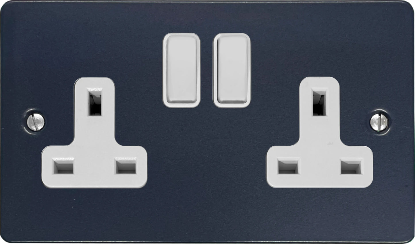 Flat Blue 2 Gang Socket (White Switches)
