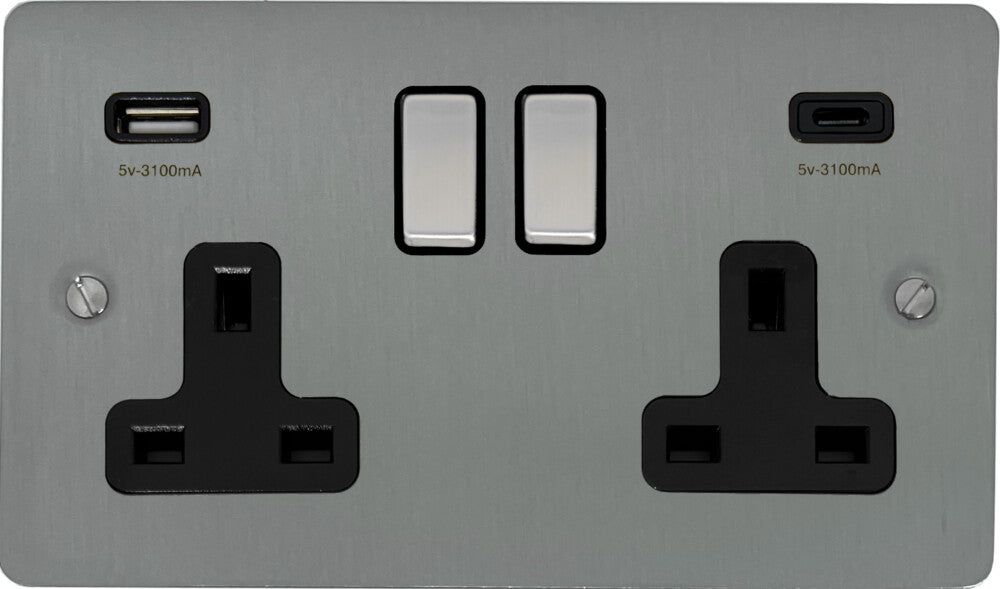 Flat Brushed Steel 2 Gang USBC Double Socket