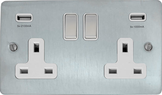 Flat Satin Chrome 2 Gang Socket C/W Usb Ports