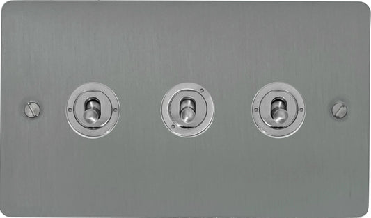 Flat Brushed Steel 3 Gang Toggle Switch