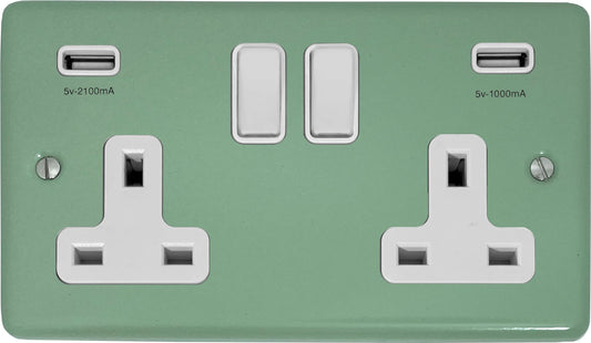 Classic Sage Green 2 Gang Socket with USBC (White Switches)