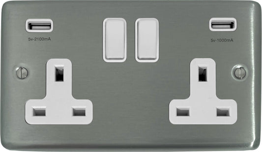 Contour Brushed Steel 2 Gang Socket + Usb