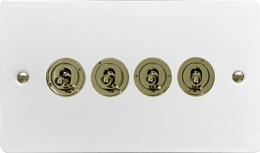 Flat White 4 Gang Toggle (Polished Brass Toggle)