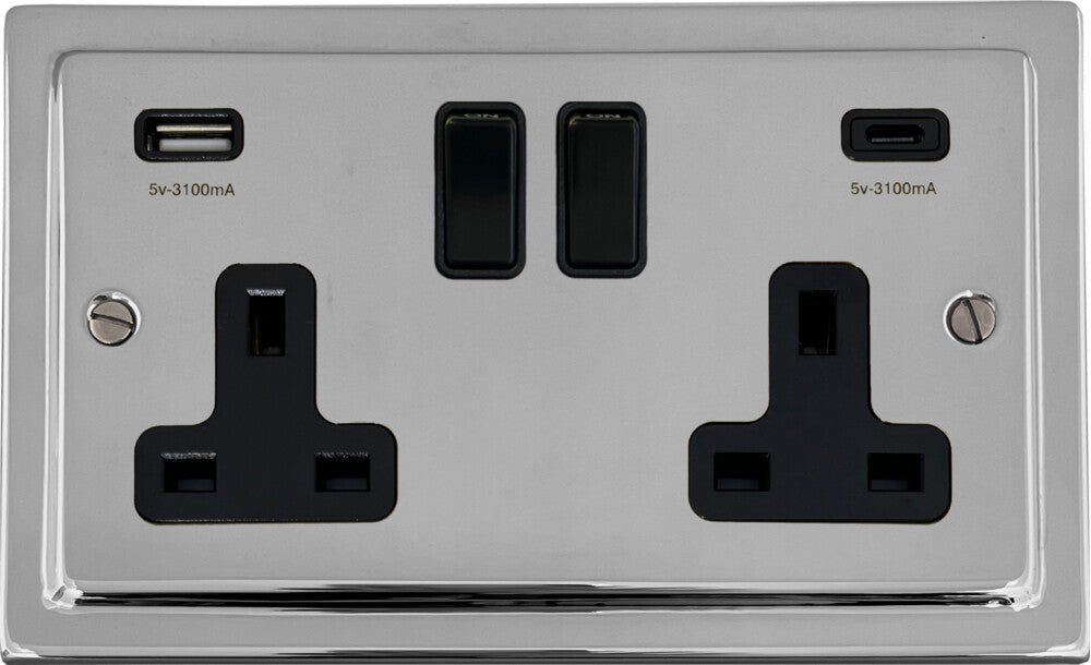 Victorian  Polished Chrome  2 Gang Socket with USBC