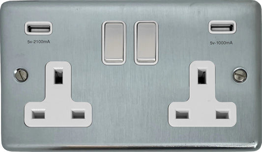 Contour Satin Chrome 2 Gang Socket C/W Usb Ports