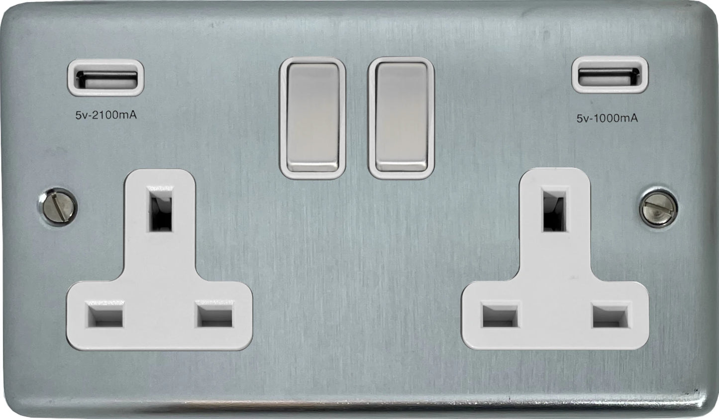 Contour Satin Chrome 2 Gang Socket C/W Usb Ports