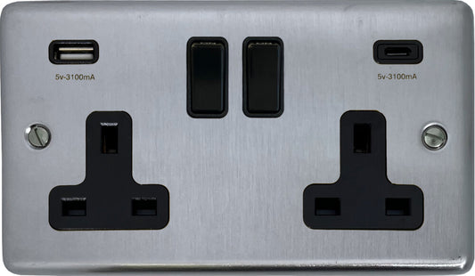 Contour Satin Chrome  2 Gang Socket with USBC