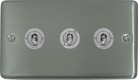 Contour Brushed Steel 3 Gang Toggle Switch