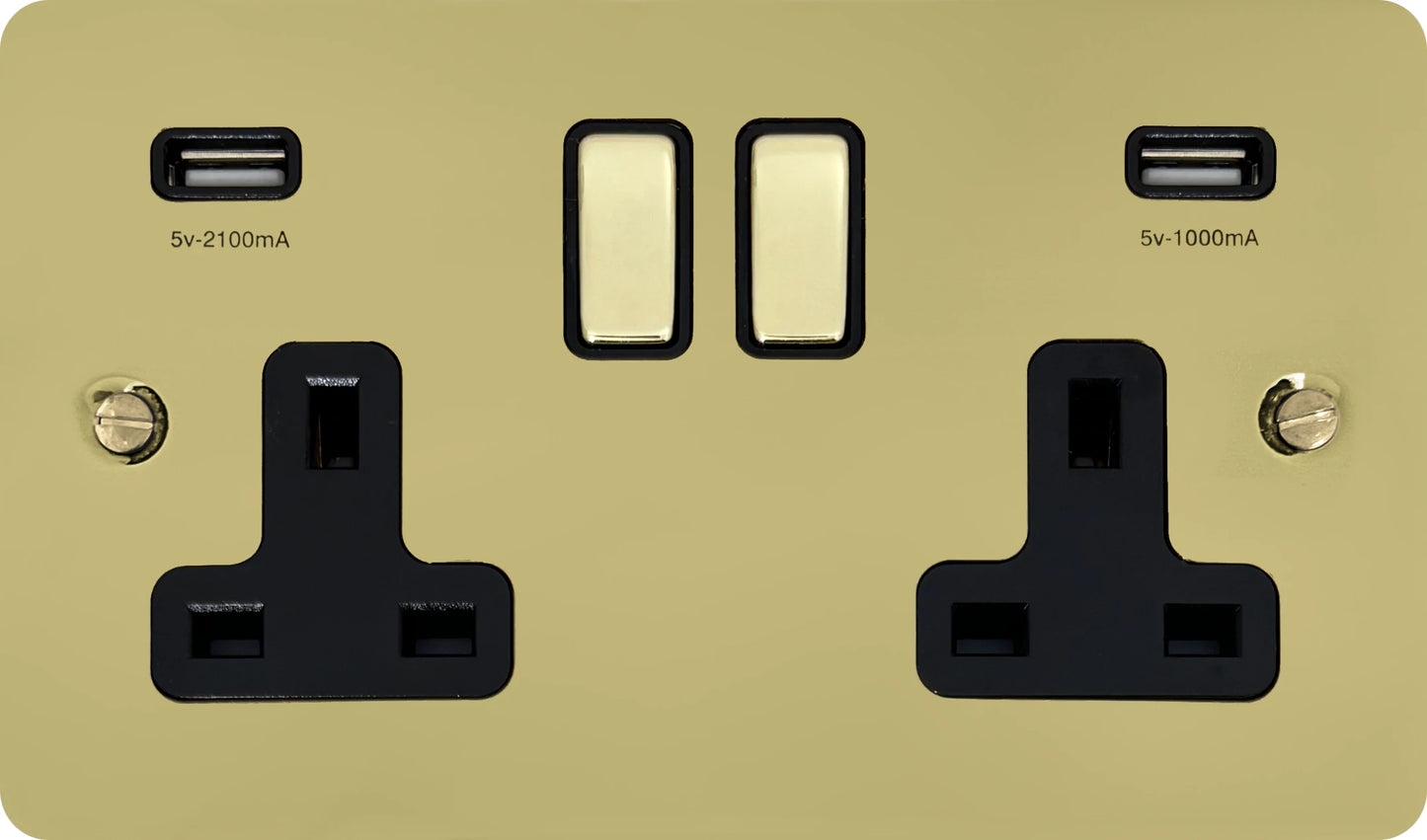 Flat Polished Brass 2 Gang Socket with USB