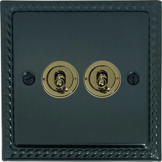 Georgian Black Bronze 2 Gang Toggle Switch (Polished Brass Toggles) - Georgian range electrical switch