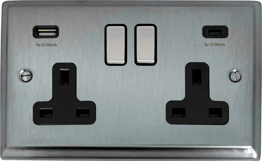 Deco Satin Chrome 2 Gang Socket C/W USBC Ports