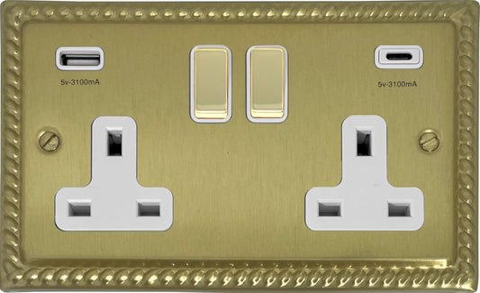 Georgian Satin Brass 2 Gang Socket C/W USBC Ports