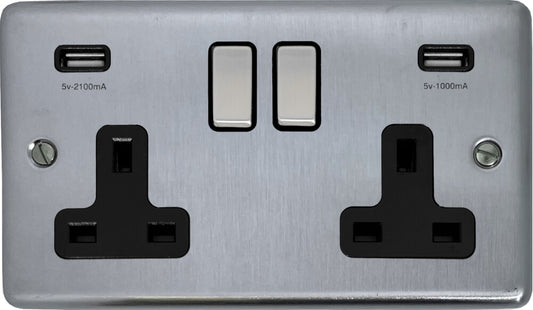 Contour Satin Chrome 2 Gang Socket C/W Usb Ports