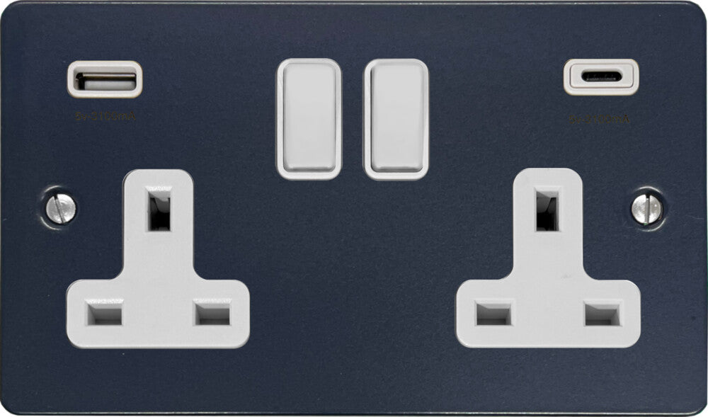 Flat Blue 2 Gang Socket with USBC (White Switches)