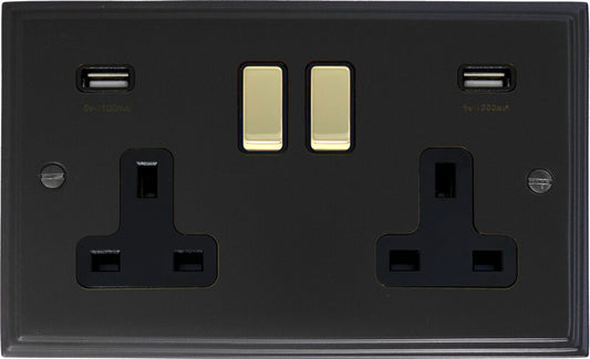 Victorian Flat Black 2 Gang Socket C/W Usb Ports