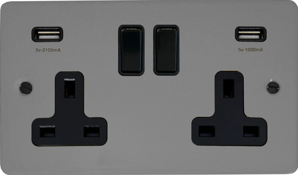 Flat Light Grey  2 Gang Socket with USB