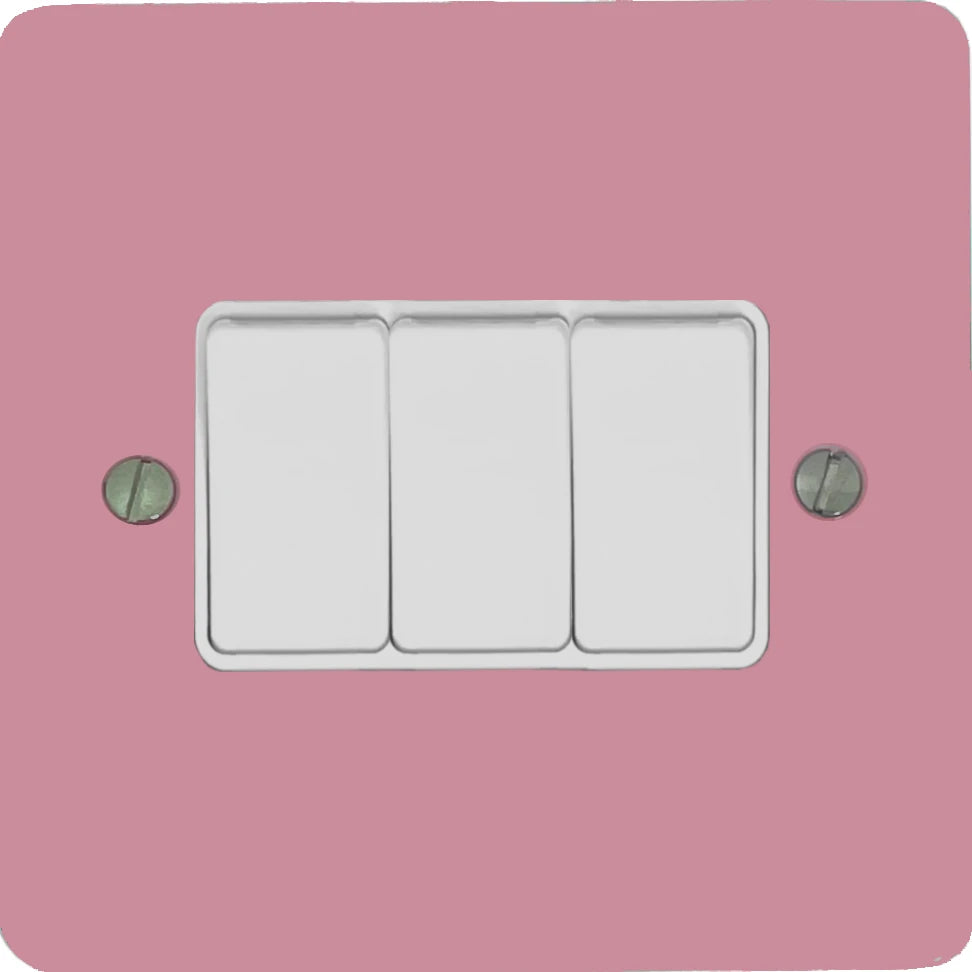 Flat Gloss Pink 3 Gang Switch (White Switches)