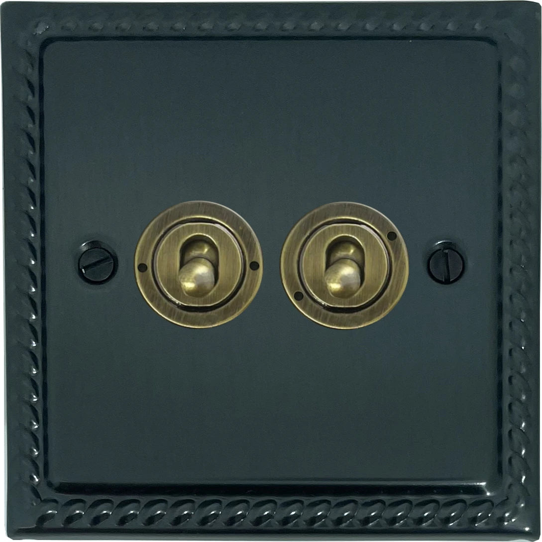 Georgian Black Bronze 2 Gang Toggle Switch (Antique Brass Toggles)