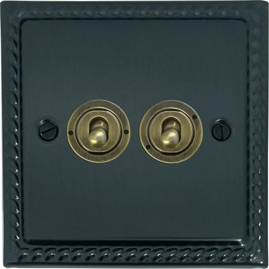 Georgian Black Bronze 2 Gang Toggle Switch (Antique Brass Toggles)