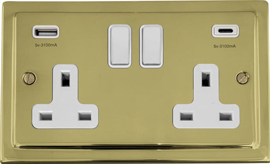 Victorian Unlacquered Brass 2 Gang Socket C/W USBC Ports - Victorian Cast range electrical socket
