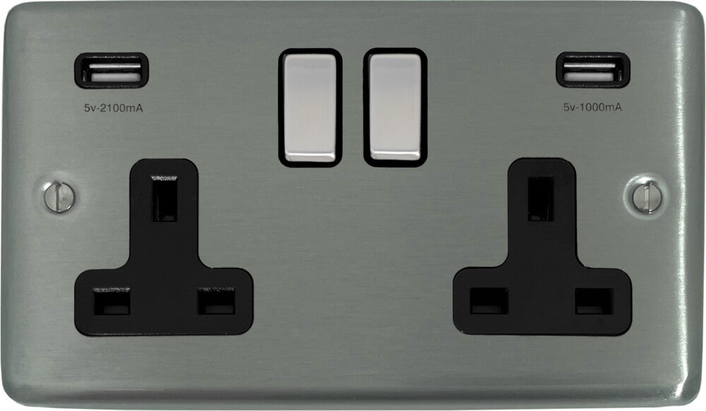 Contour Brushed Steel 2 Gang Socket + Usb