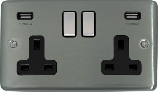 Contour Brushed Steel 2 Gang Socket + Usb