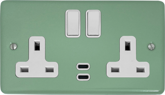 Classic Sage Green 2 Gang Socket with USBC (White Switches)