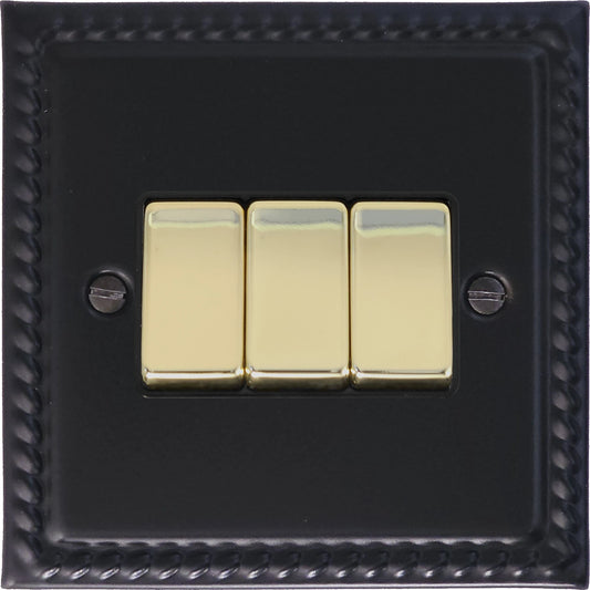 Georgian Flat Black 3 Gang Switch (Brass Switch)