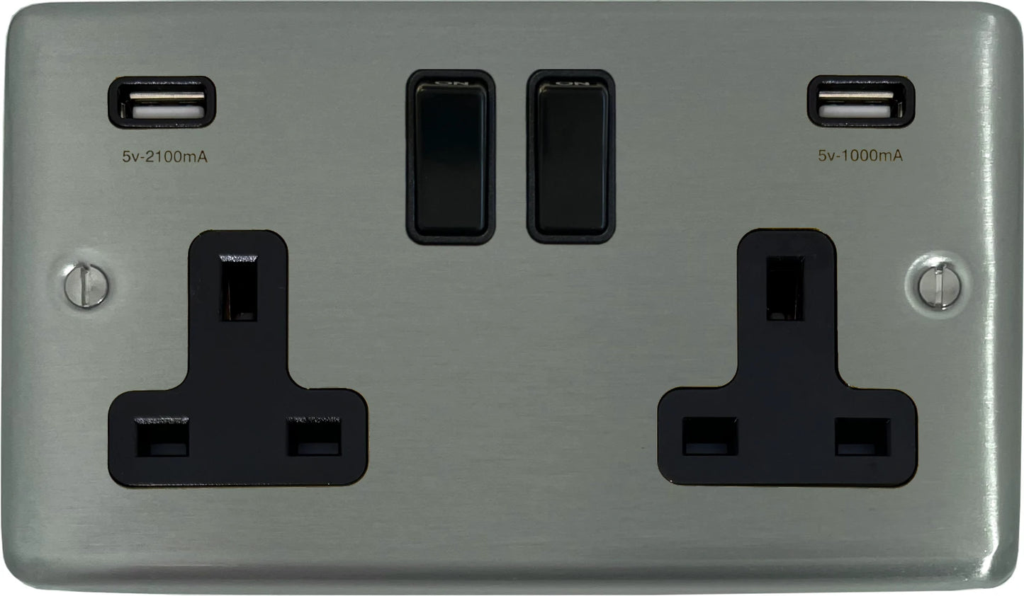 Contour  Brushed Steel  2 Gang Socket with USB