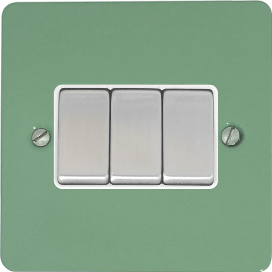 Flat Sage Green 3 Gang Switch (Satin Chrome Switches/White Inserts)