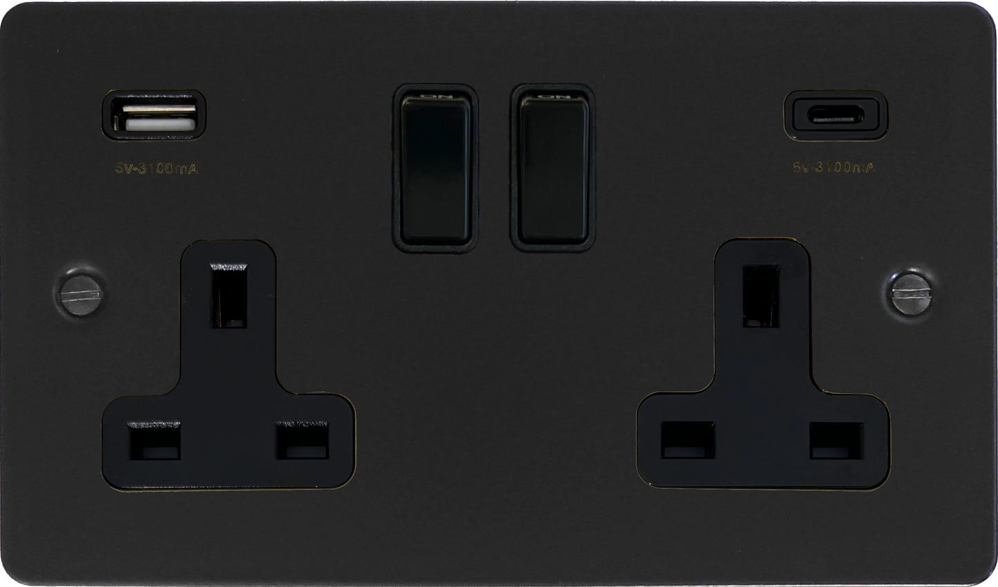 Flat Black 2 Gang Socket with USB (Black Switches) (A+C)