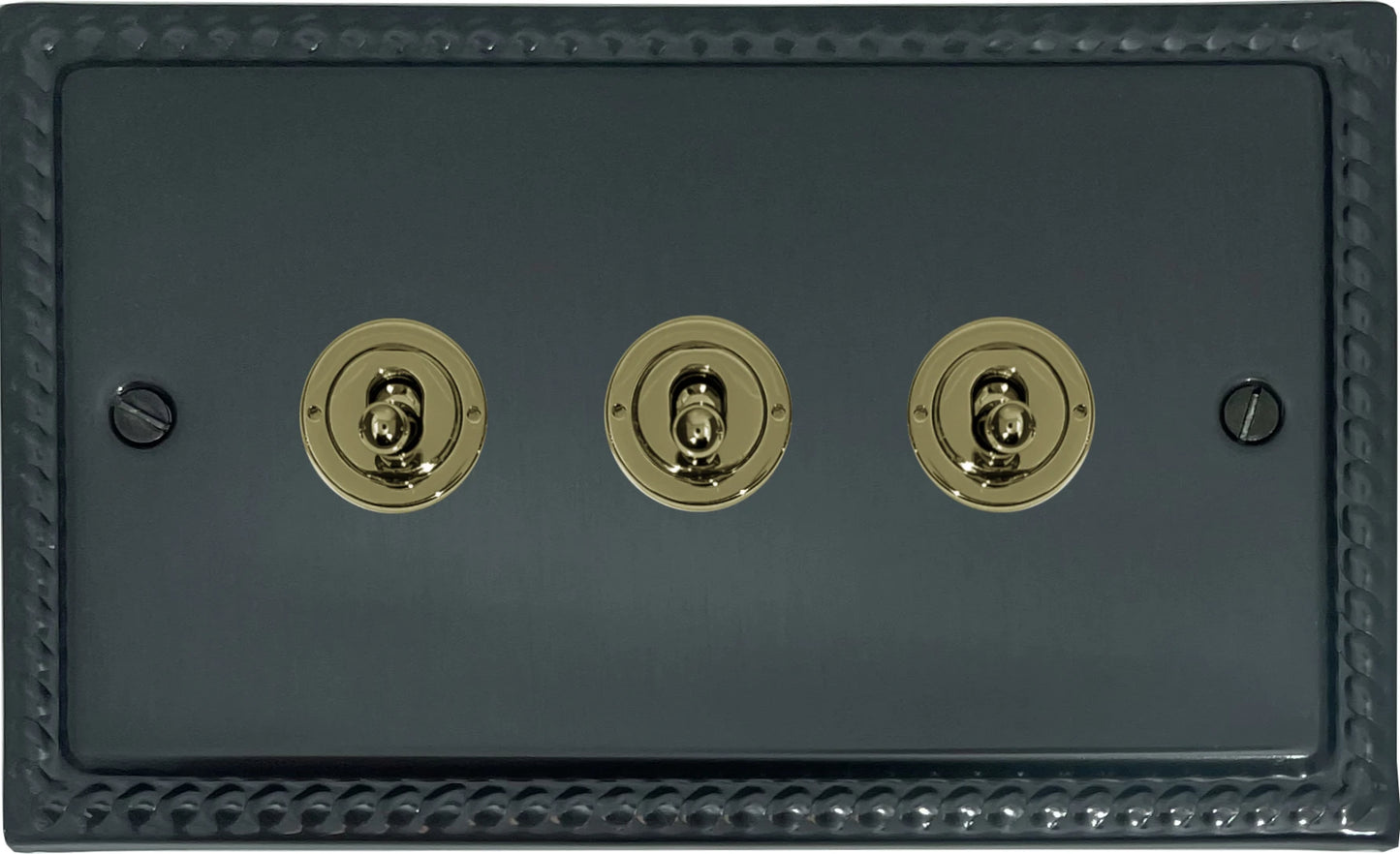 Georgian Black Bronze 3 Gang Toggle Switch (Polished Brass Toggles)