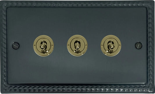 Georgian Black Bronze 3 Gang Toggle Switch (Polished Brass Toggles) - Georgian range electrical switch