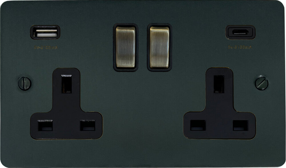 Flat Black Bronze 2 Gang Socket C/W USB-C
