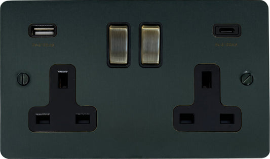 Flat Black Bronze 2 Gang Socket C/W USB-C