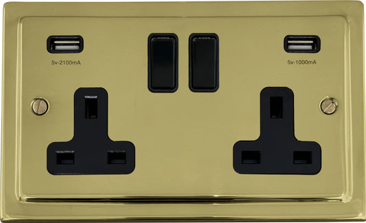 Victorian Unlacquered Brass 2 Gang Socket with USB - Victorian Cast range electrical socket