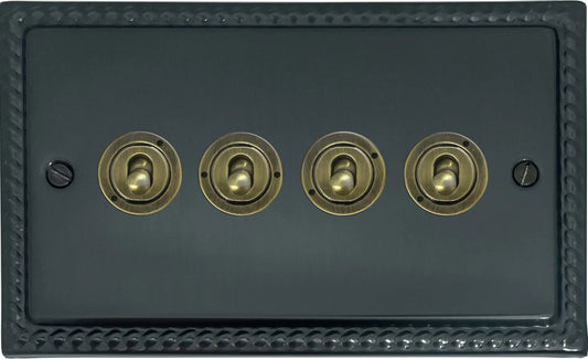 Georgian Black Bronze 4 Gang Toggle Switch (Antique Brass Toggles)