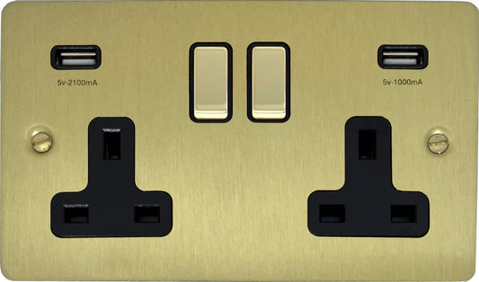 Flat Satin Brass 2 Gang Socket C/W Usb Ports
