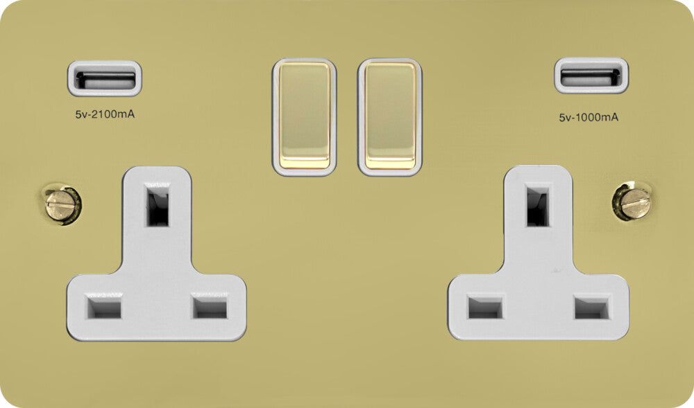 Flat Polished Brass 2 Gang Socket C/W Usb Ports