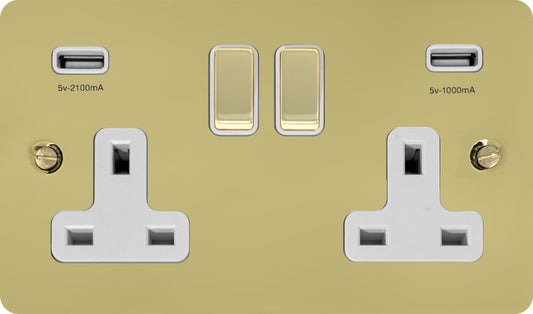 Flat Polished Brass 2 Gang Socket C/W Usb Ports