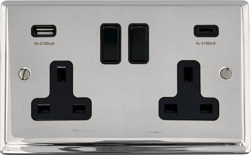 Deco  Polished Chrome  2 Gang Socket with USBC