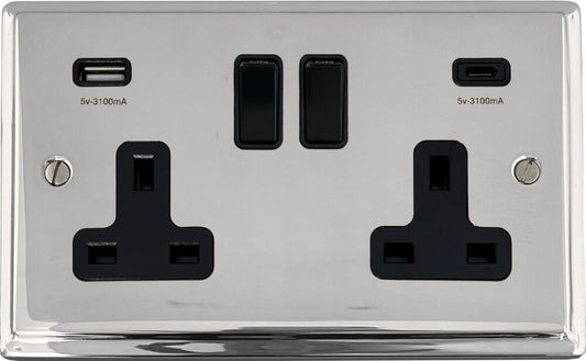 Deco  Polished Chrome  2 Gang Socket with USBC